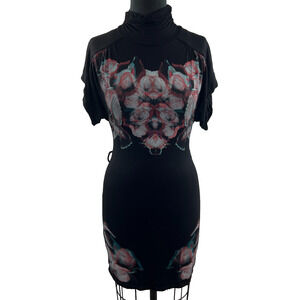 Trash & Luxury Black Rose Print TurtleNeck Tunic Top Dress Size M Medium